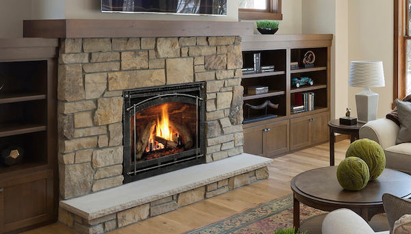 traditional stone fireplace